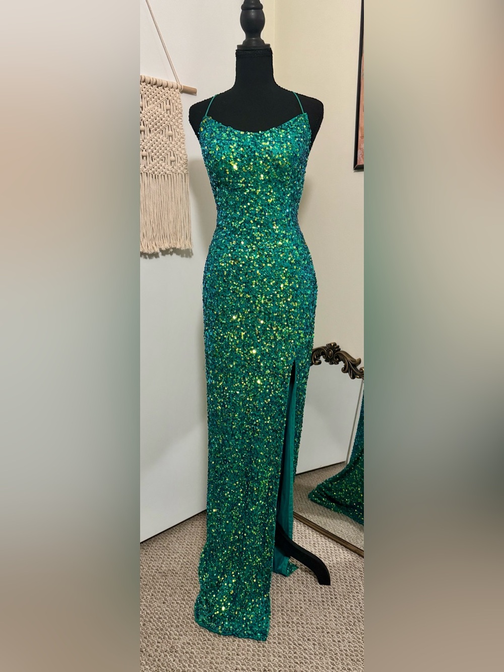 Ashley Lauren Teal Sequin Spaghetti Strap Dress
